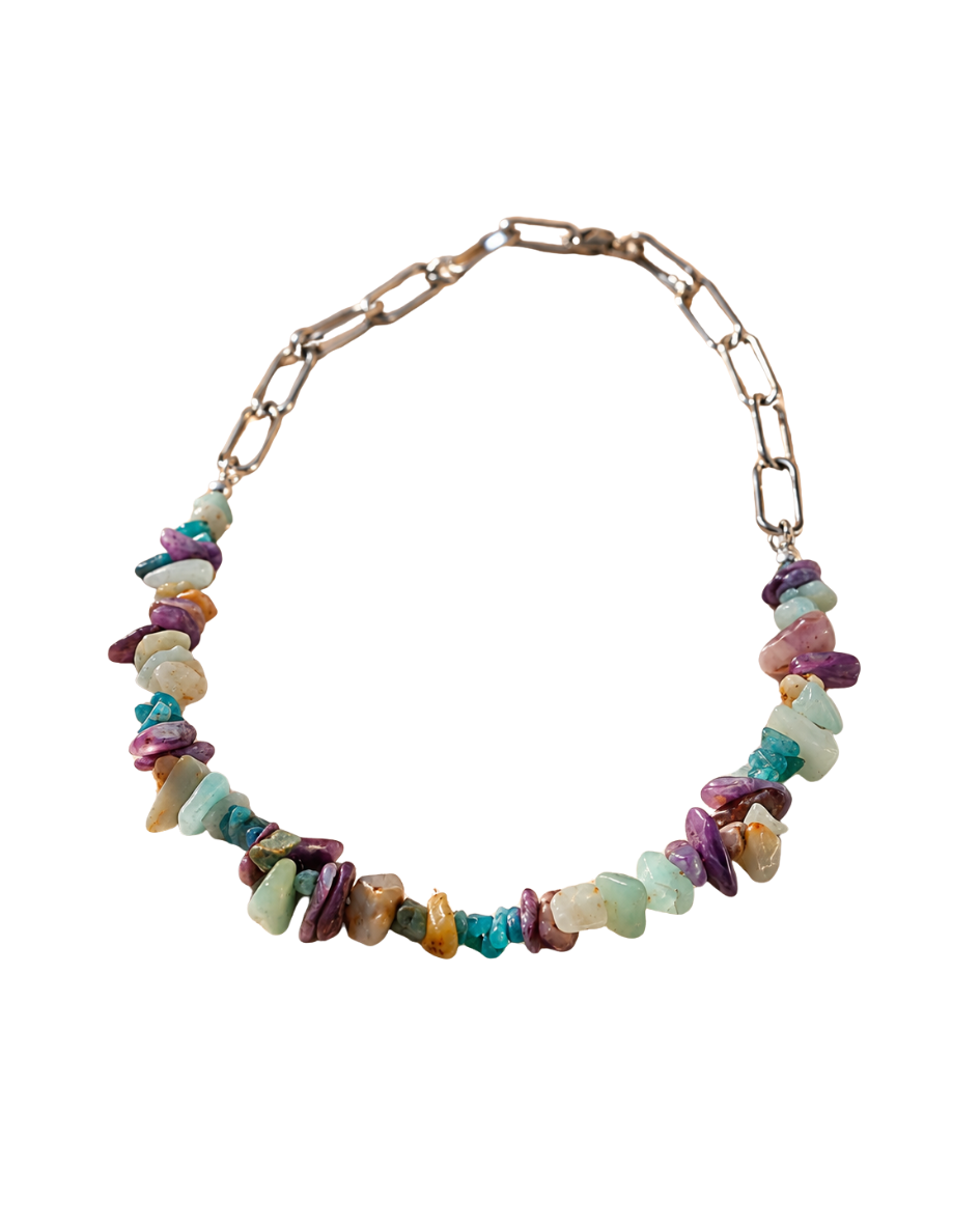 Splitter-Halskette mit Aquamarin, Charoit & blauem Apatit