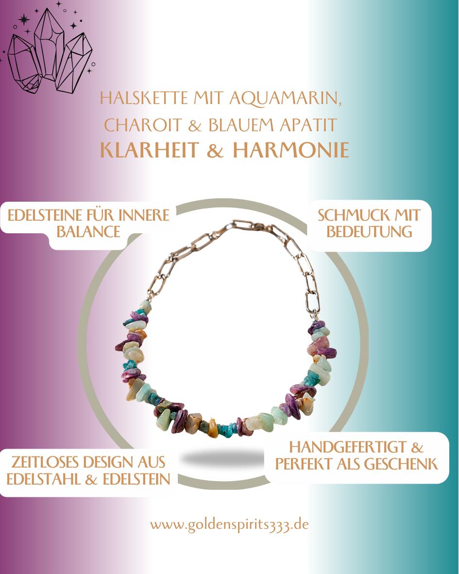 Splitter-Halskette mit Aquamarin, Charoit & blauem Apatit